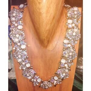 Vintage Rhinestone & Milk Glass Style Statement Necklace – 1950s–1960s